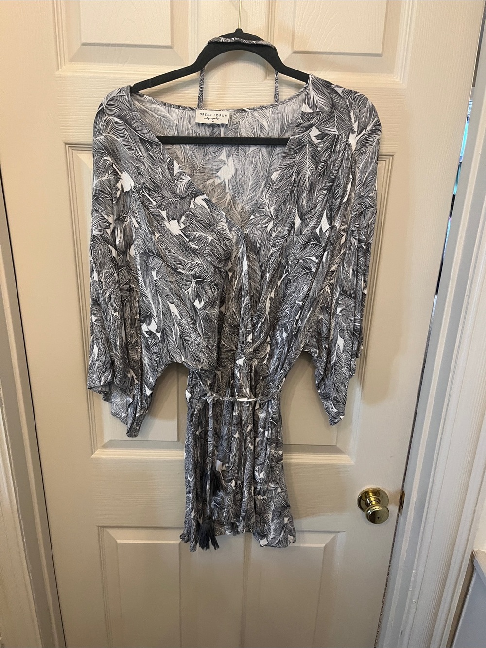 Dress Forum Black and White Feather-Print Tie-Waist Mini Dress
